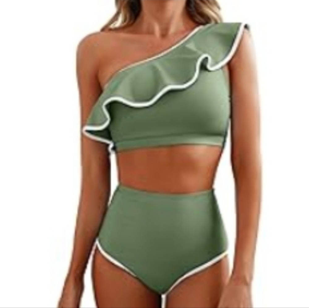2 Piece Swimsuit Color Block Ruffle One Shoulder Top Beach Bathing Suit Green XS